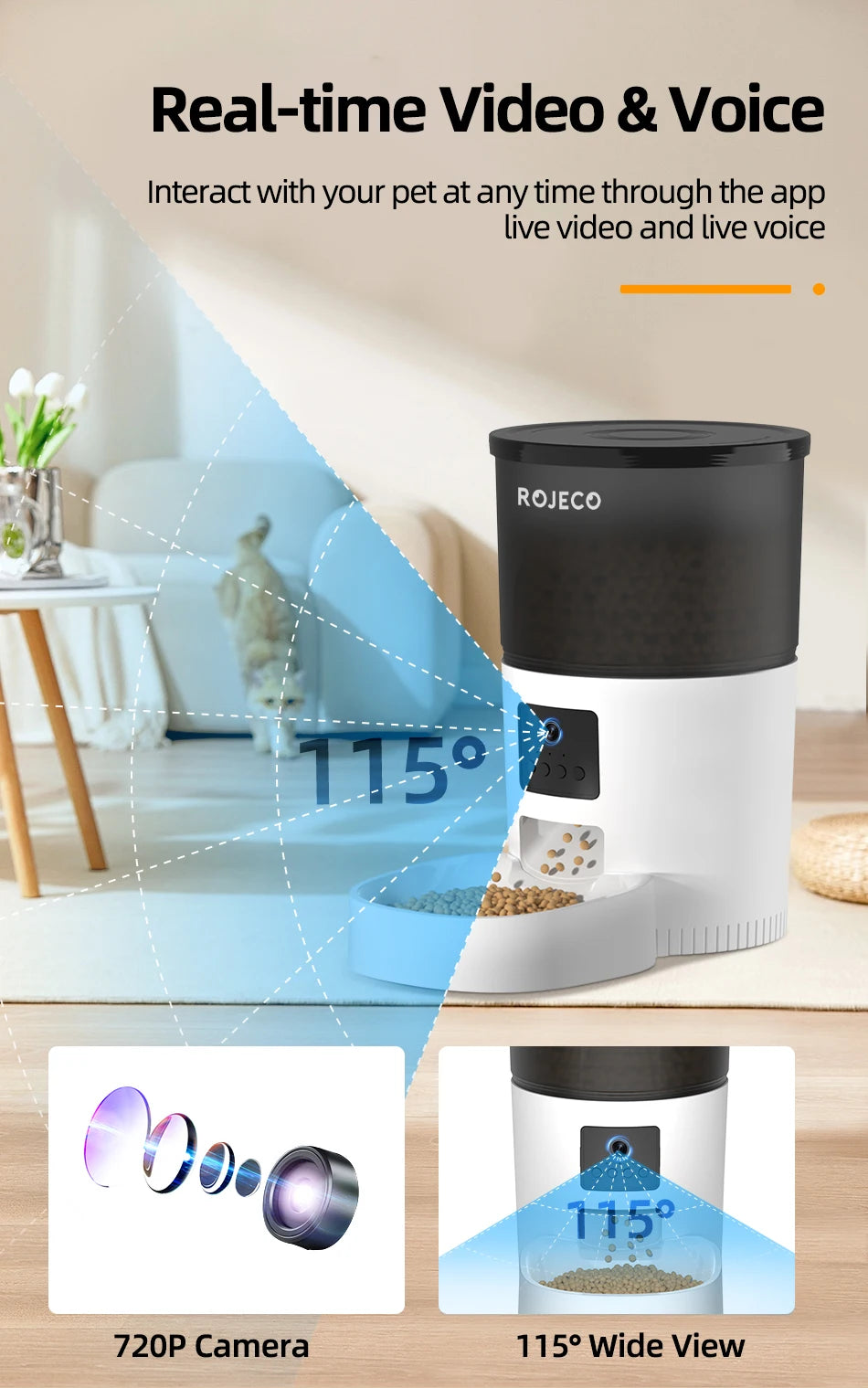 Φιλικό προς το περιβάλλον Rojeco 3L Automatic With Carmen Smart Food Dispenser Επαναφορτιζόμενος τροφοδότης Wi-Fi