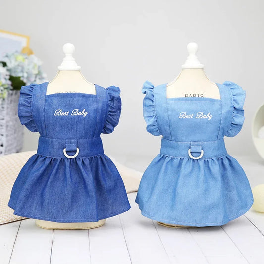 Eco-Friendly Spring Summer Letters Embroidered Jean Strap Dreses Pet Clothing