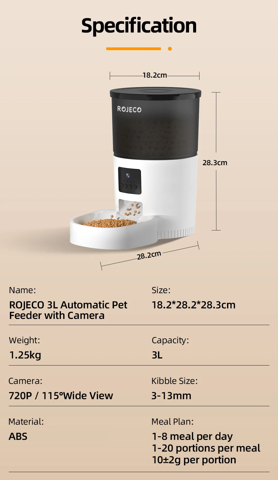 Φιλικό προς το περιβάλλον Rojeco 3L Automatic With Carmen Smart Food Dispenser Επαναφορτιζόμενος τροφοδότης Wi-Fi